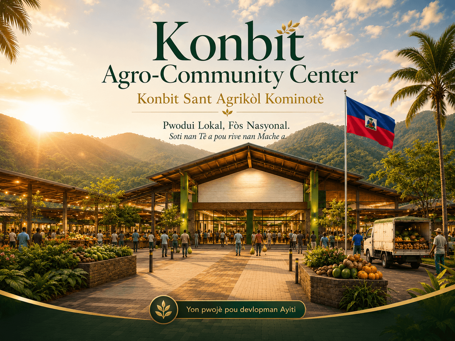 Modern Haitian agro-community center with local produce stands, people, mountains, and a Haitian flag in warm sunlight. / Sant agrikòl kominotè modèn an Ayiti ak pwodui lokal, moun, mòn, ak drapo Ayiti anba limyè solèy.