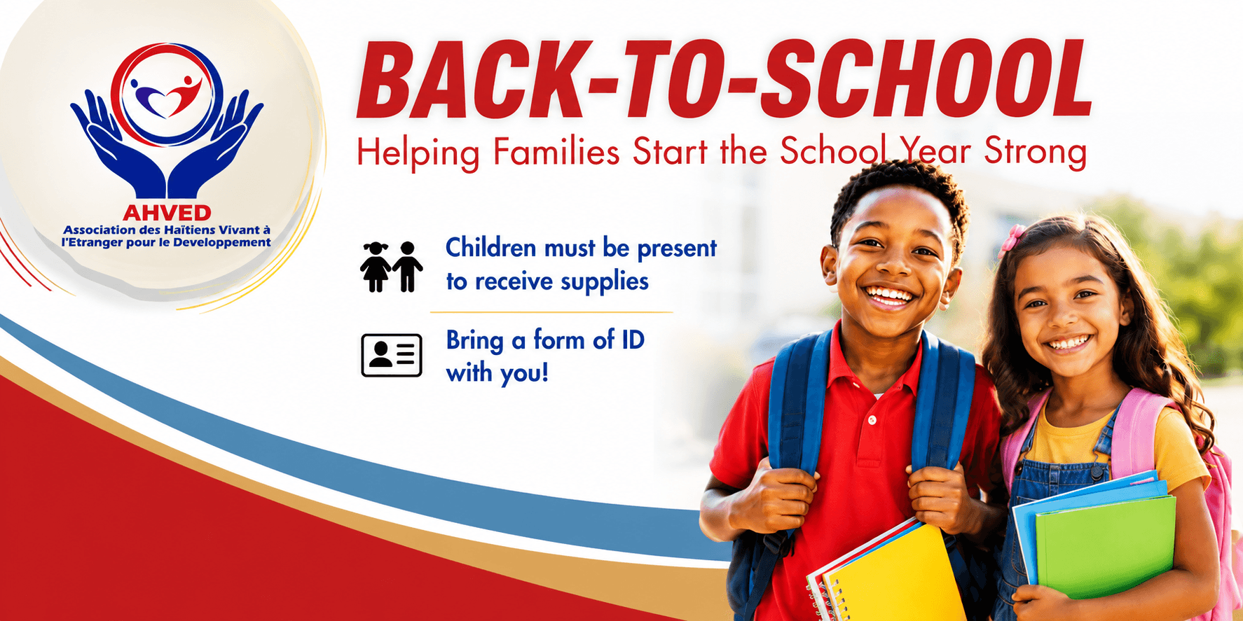 Two smiling kids with their backpack full with scholl supplies