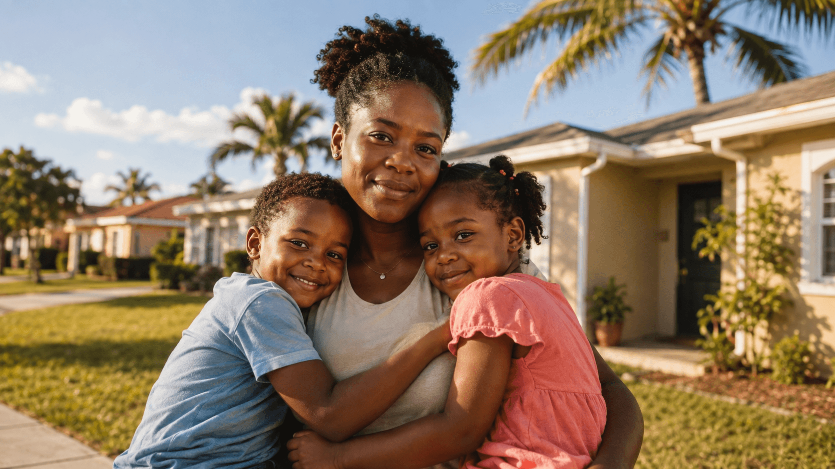 Family Unity Program Hero — a Haitian mother embracing her two young children outside their Florida home